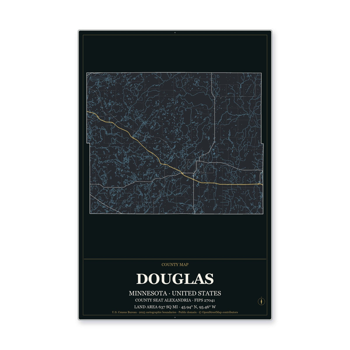 Douglas County, Minnesota Map Aluminum Sign in Metropolitan Noir style