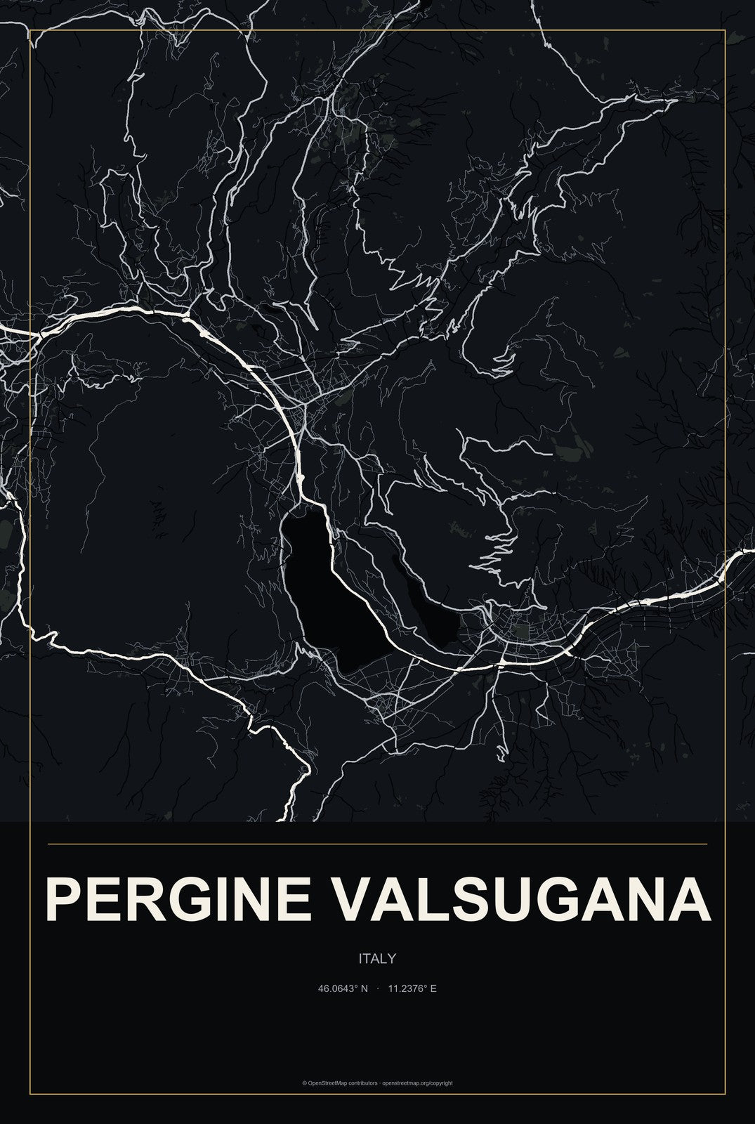 Pergine Valsugana, Italy City Map Aluminum Sign in Metropolitan Noir style