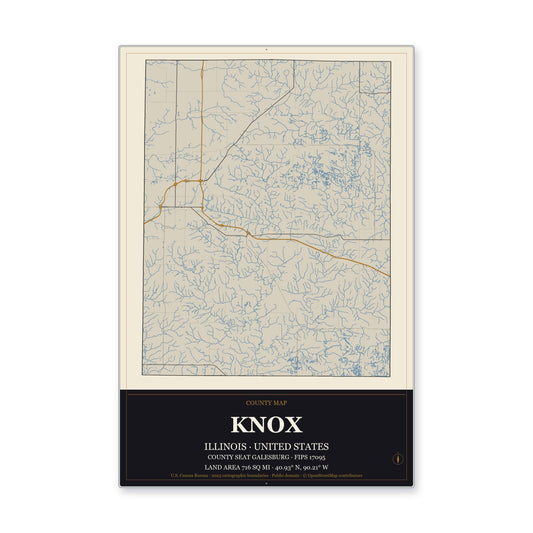 Knox County, Illinois Map Aluminum Sign in Museum Plaque style