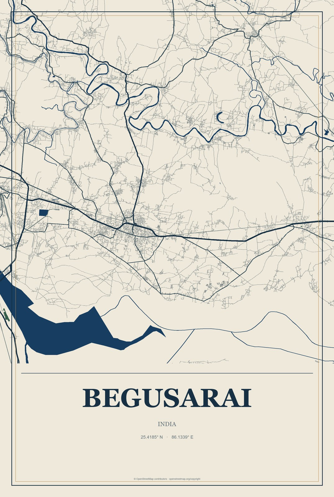 Begusarai, India City Map Aluminum Sign in Coastal Cutout style