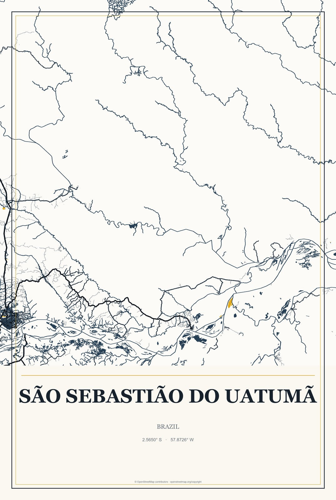 São Sebastião do Uatumã, Brazil City Map Aluminum Sign in Citrine Modern style