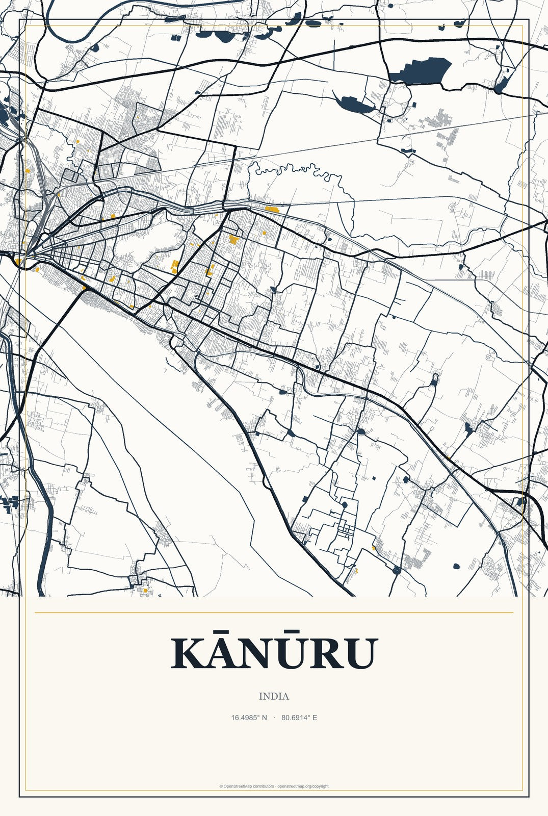 Kānūru, India City Map Aluminum Sign in Citrine Modern style