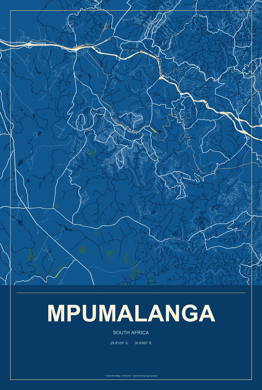 Mpumalanga, South Africa City Map Aluminum Sign in Harbor Cobalt style