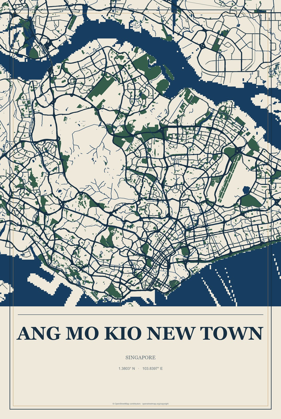Ang Mo Kio New Town, Singapore City Map Aluminum Sign in Coastal Cutout style