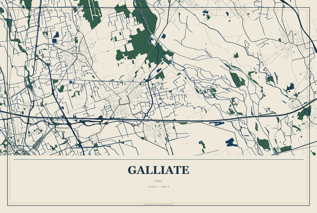 Galliate, Italy City Map Aluminum Sign in Coastal Cutout style