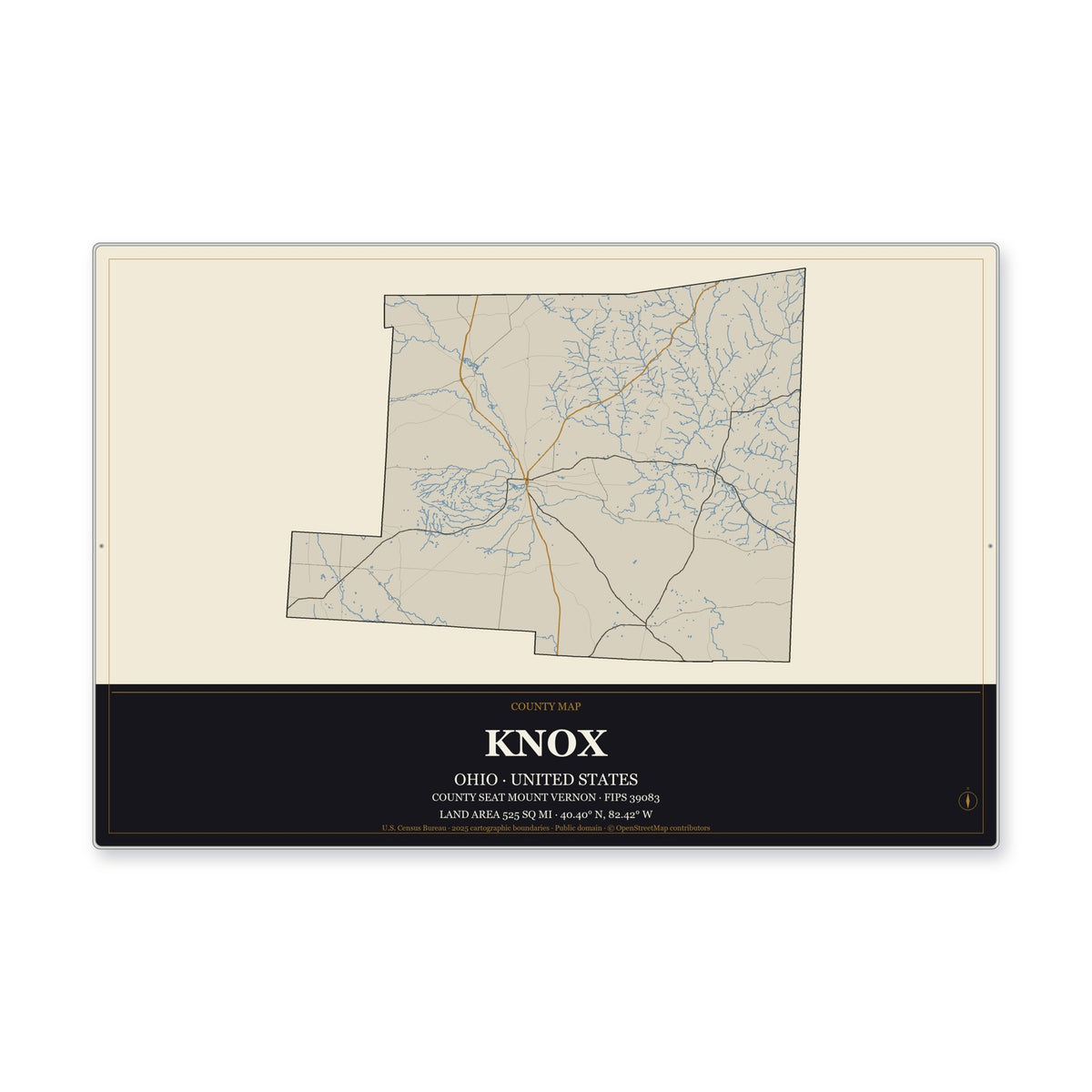Knox County, Ohio Map Aluminum Sign in Museum Plaque style