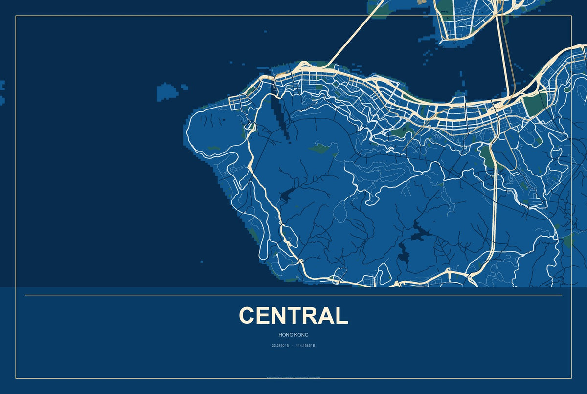Central, Hong Kong City Map Aluminum Sign in Harbor Cobalt style