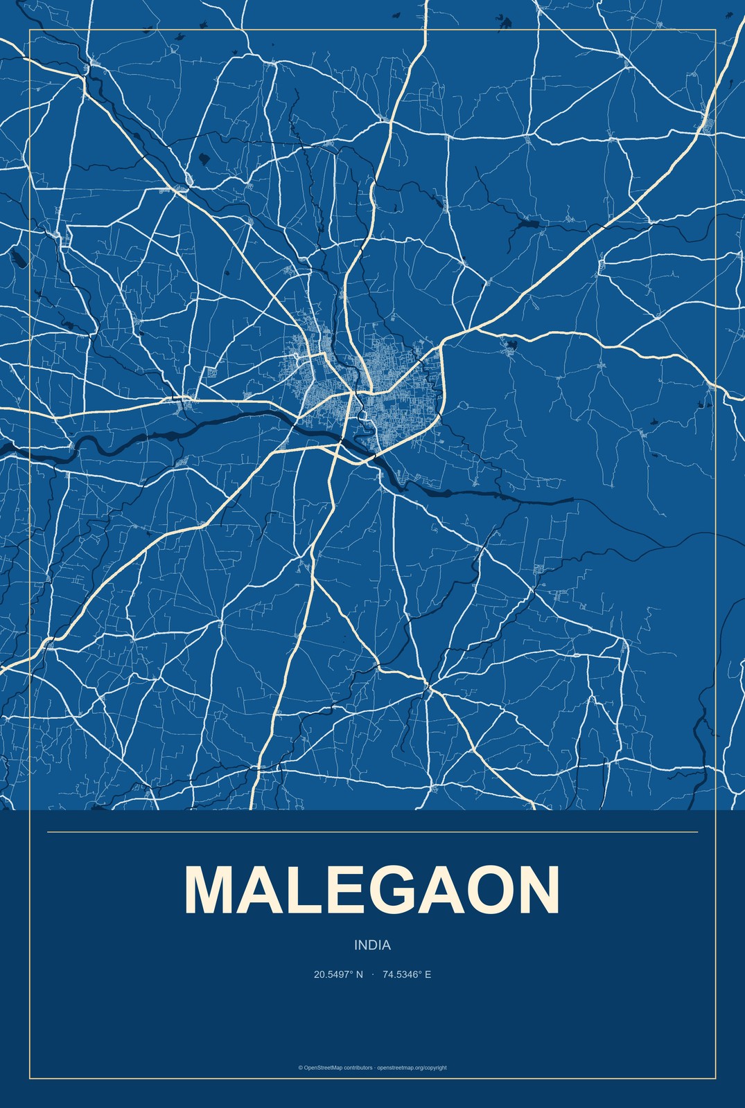 Malegaon, India City Map Aluminum Sign in Harbor Cobalt style