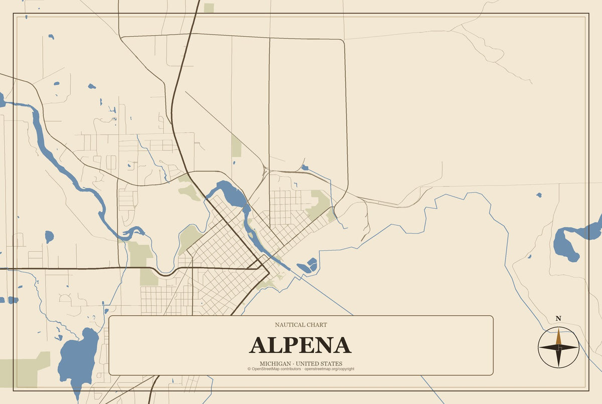 Alpena, Michigan City Map Aluminum Sign in Heritage Nautical style
