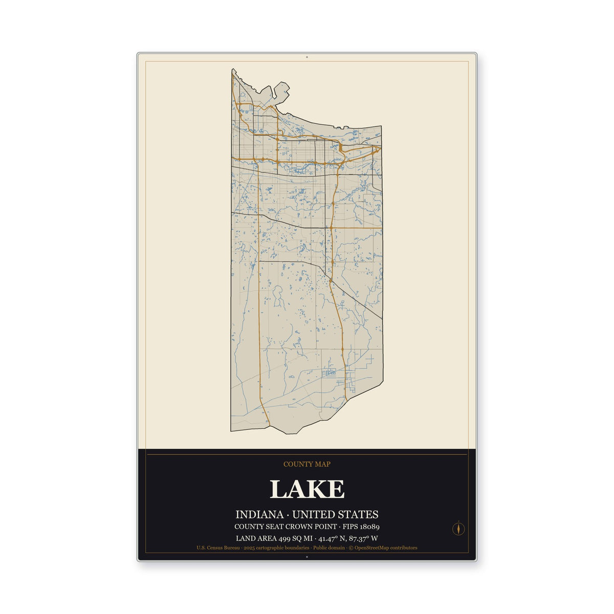 Lake County, Indiana Map Aluminum Sign in Museum Plaque style