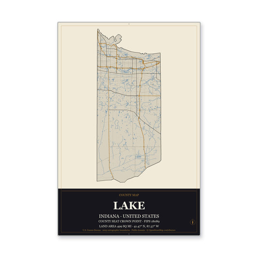 Lake County, Indiana Map Aluminum Sign in Museum Plaque style