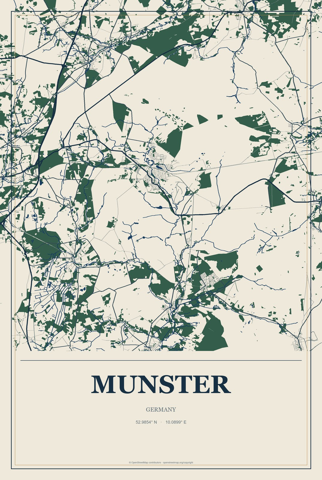 Munster, Germany City Map Aluminum Sign in Coastal Cutout style