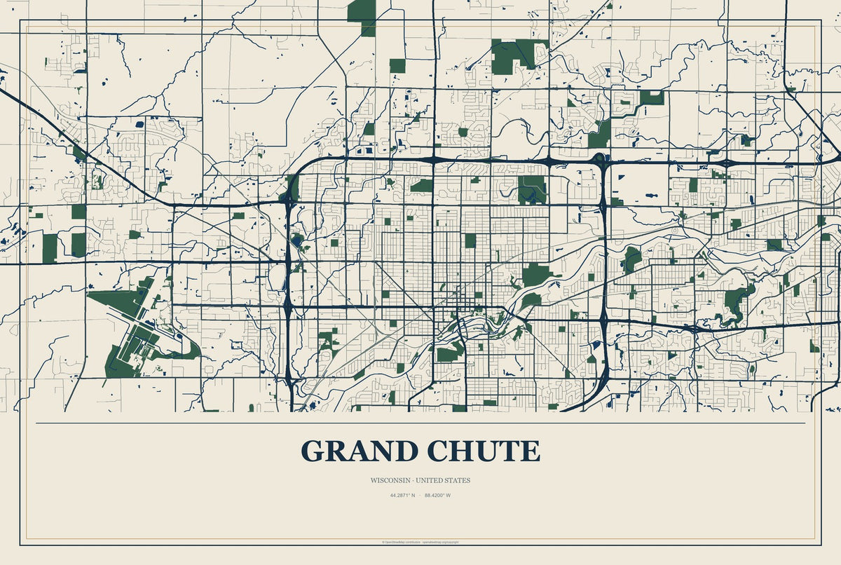 Grand Chute, Wisconsin City Map Aluminum Sign in Coastal Cutout style
