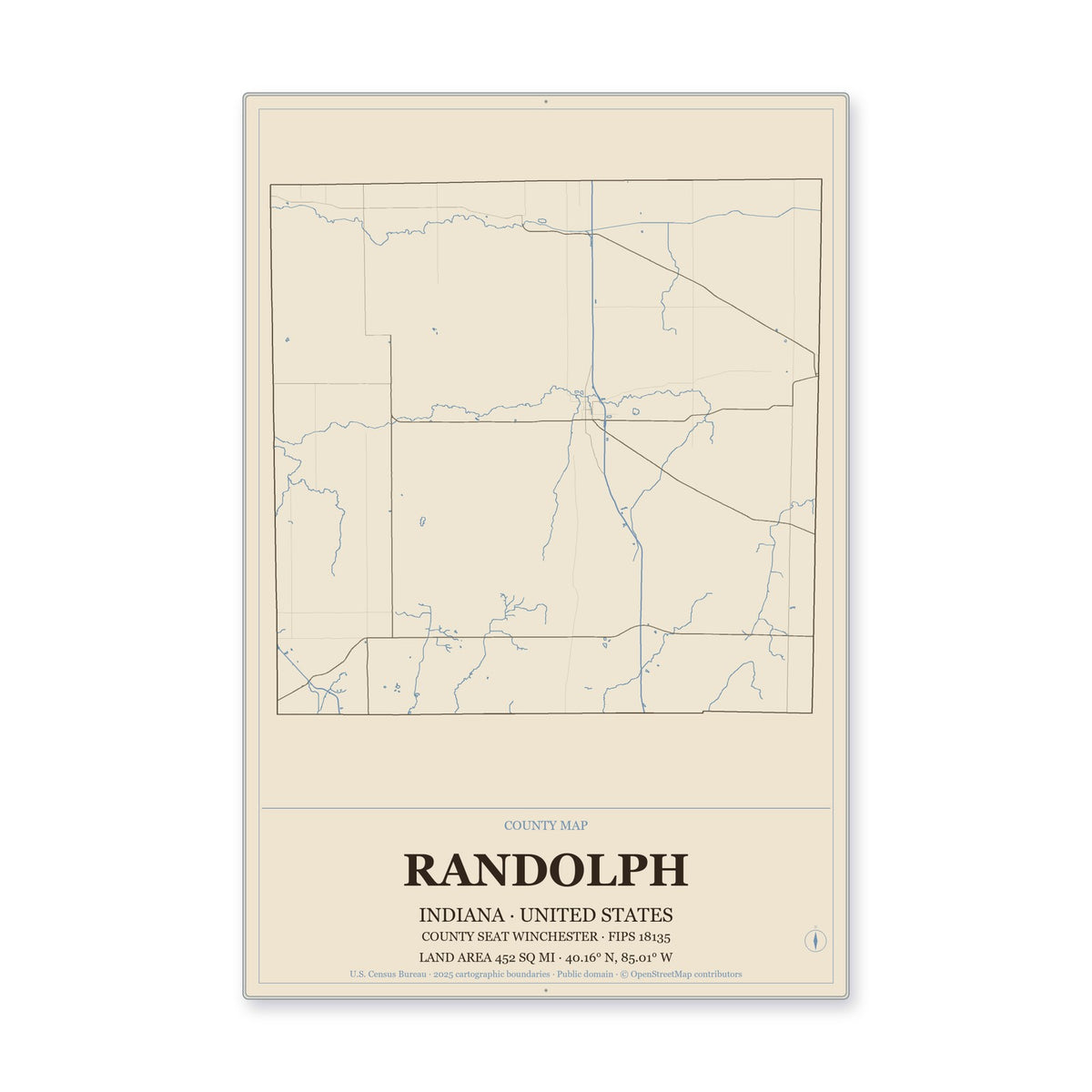 Randolph County, Indiana Map Aluminum Sign in Heritage Nautical style