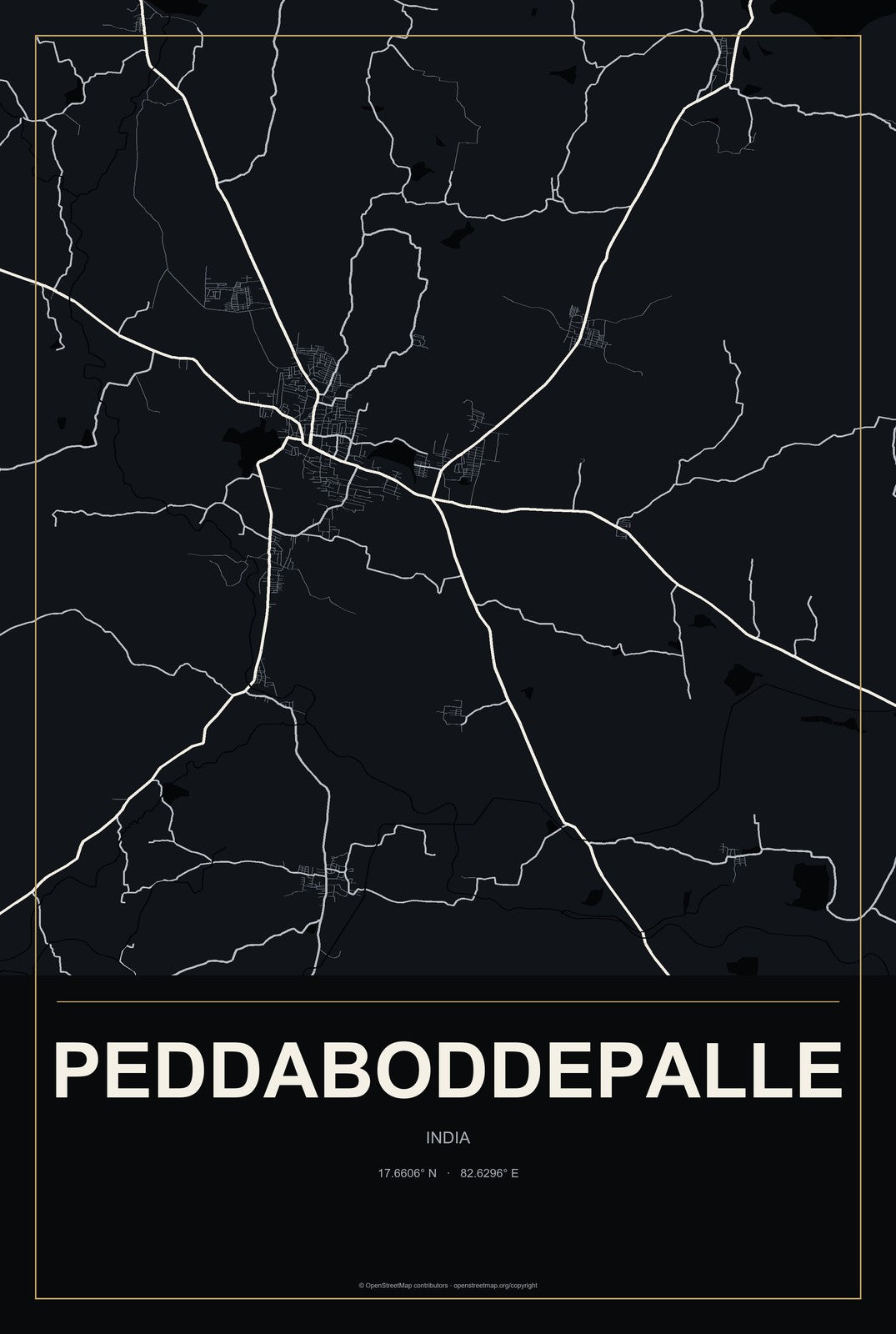 Peddaboddepalle, India City Map Aluminum Sign in Metropolitan Noir style