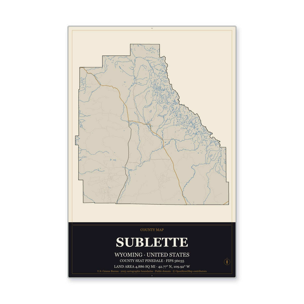 Sublette County, Wyoming Map Aluminum Sign in Museum Plaque style