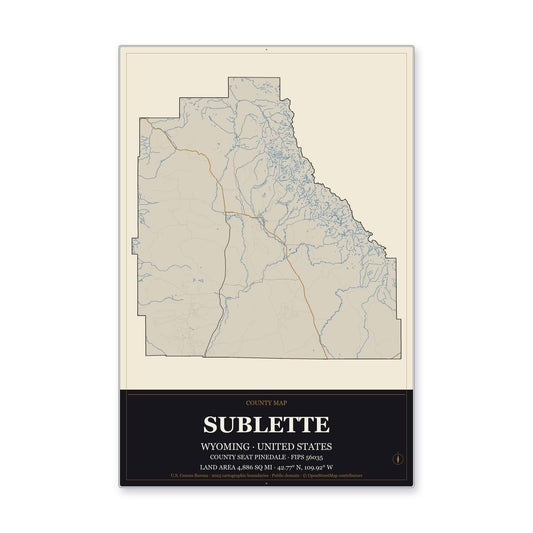 Sublette County, Wyoming Map Aluminum Sign in Museum Plaque style