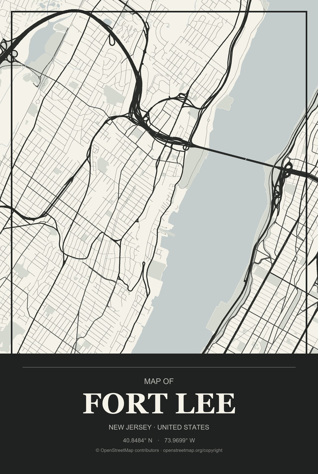 Fort Lee, New Jersey City Map Aluminum Sign in Museum Plaque style