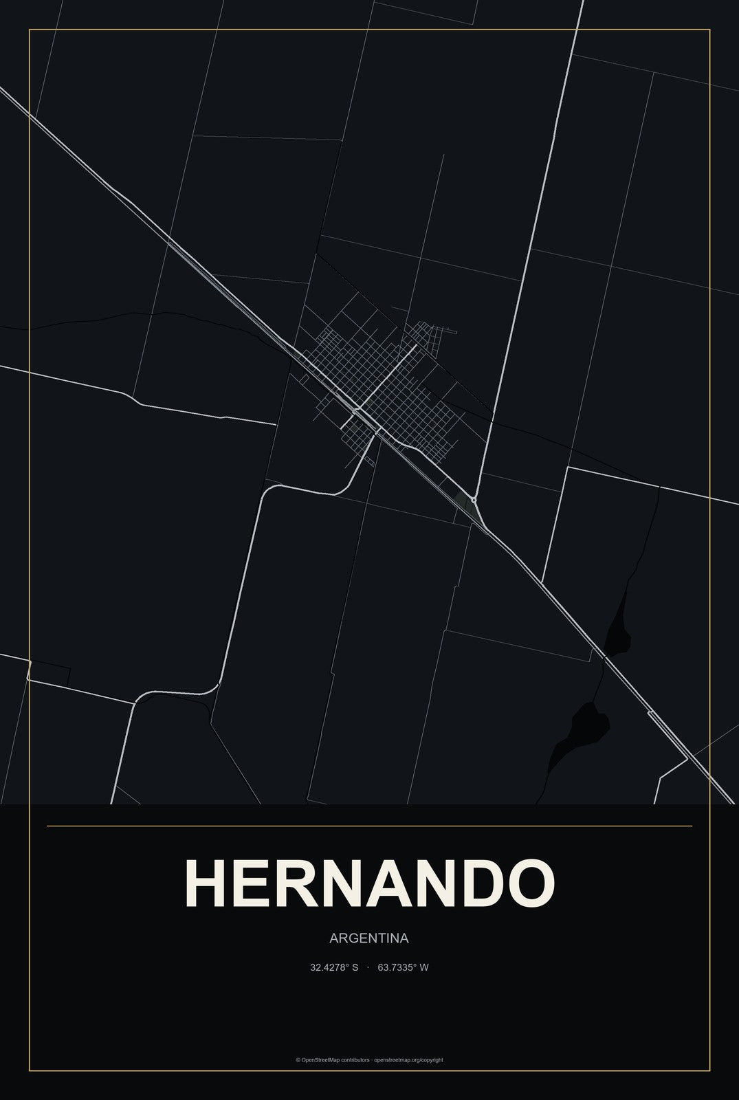 Hernando, Argentina City Map Aluminum Sign in Metropolitan Noir style