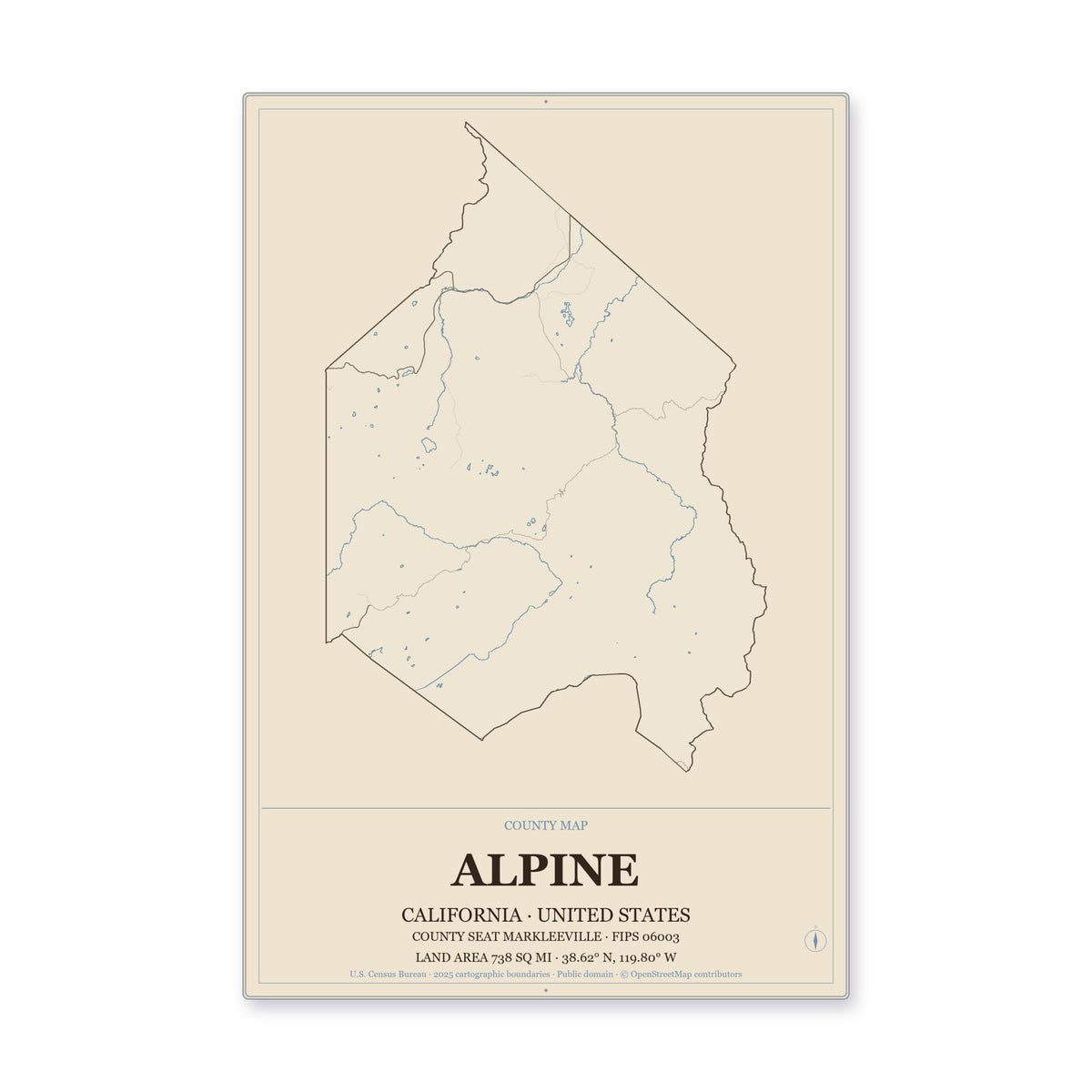 Alpine County, California Map Aluminum Sign in Heritage Nautical style