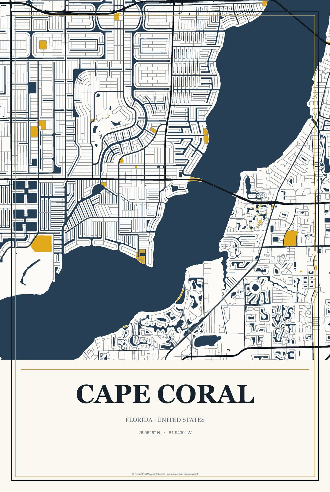 Cape Coral, Florida City Map Aluminum Sign in Citrine Modern style