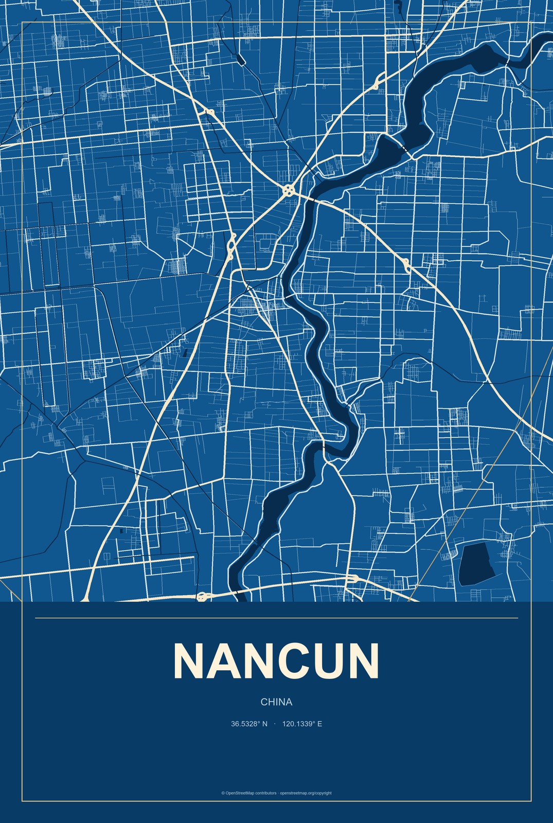 Nancun, China City Map Aluminum Sign in Harbor Cobalt style