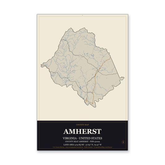 Amherst County, Virginia Map Aluminum Sign in Museum Plaque style