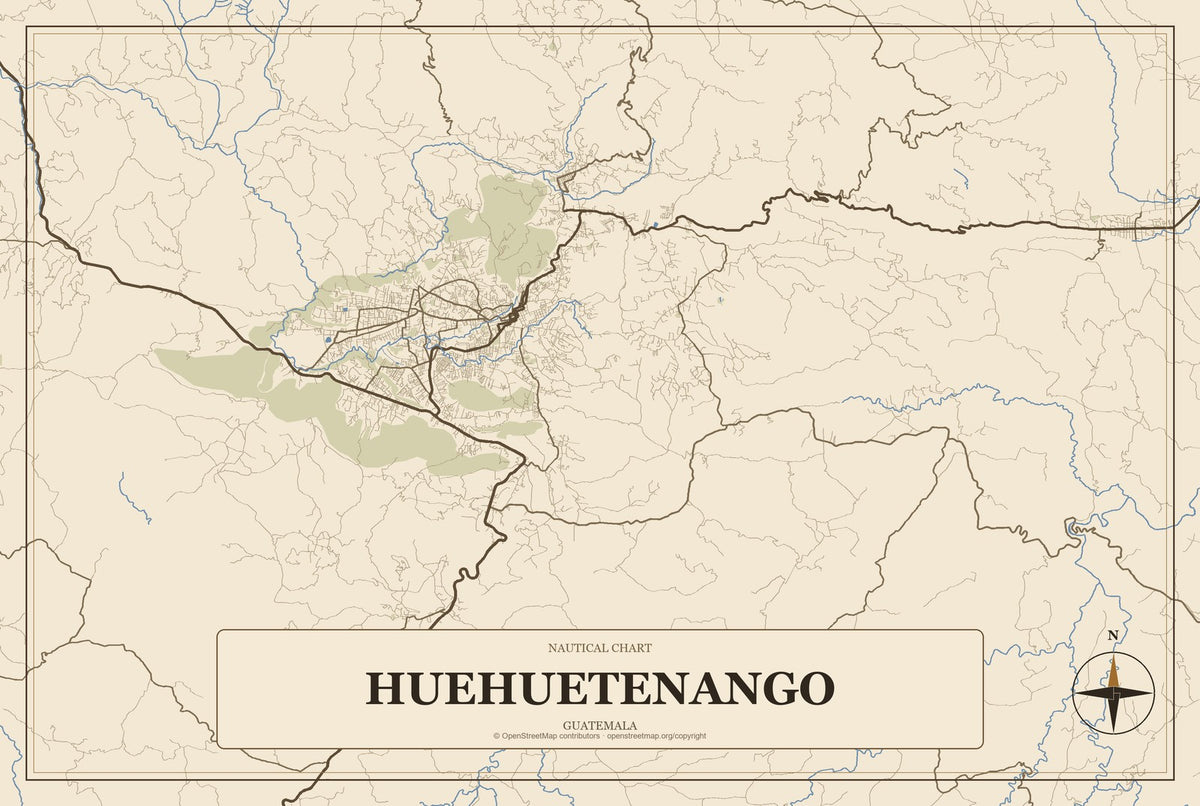 Huehuetenango, Guatemala City Map Aluminum Sign in Heritage Nautical style