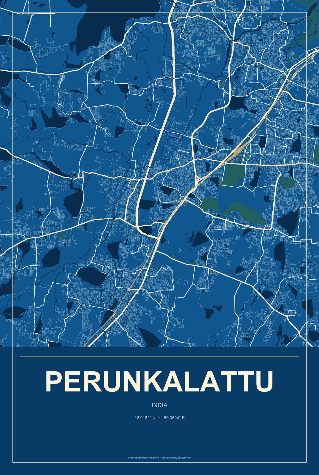 Perunkalattu, India City Map Aluminum Sign in Harbor Cobalt style