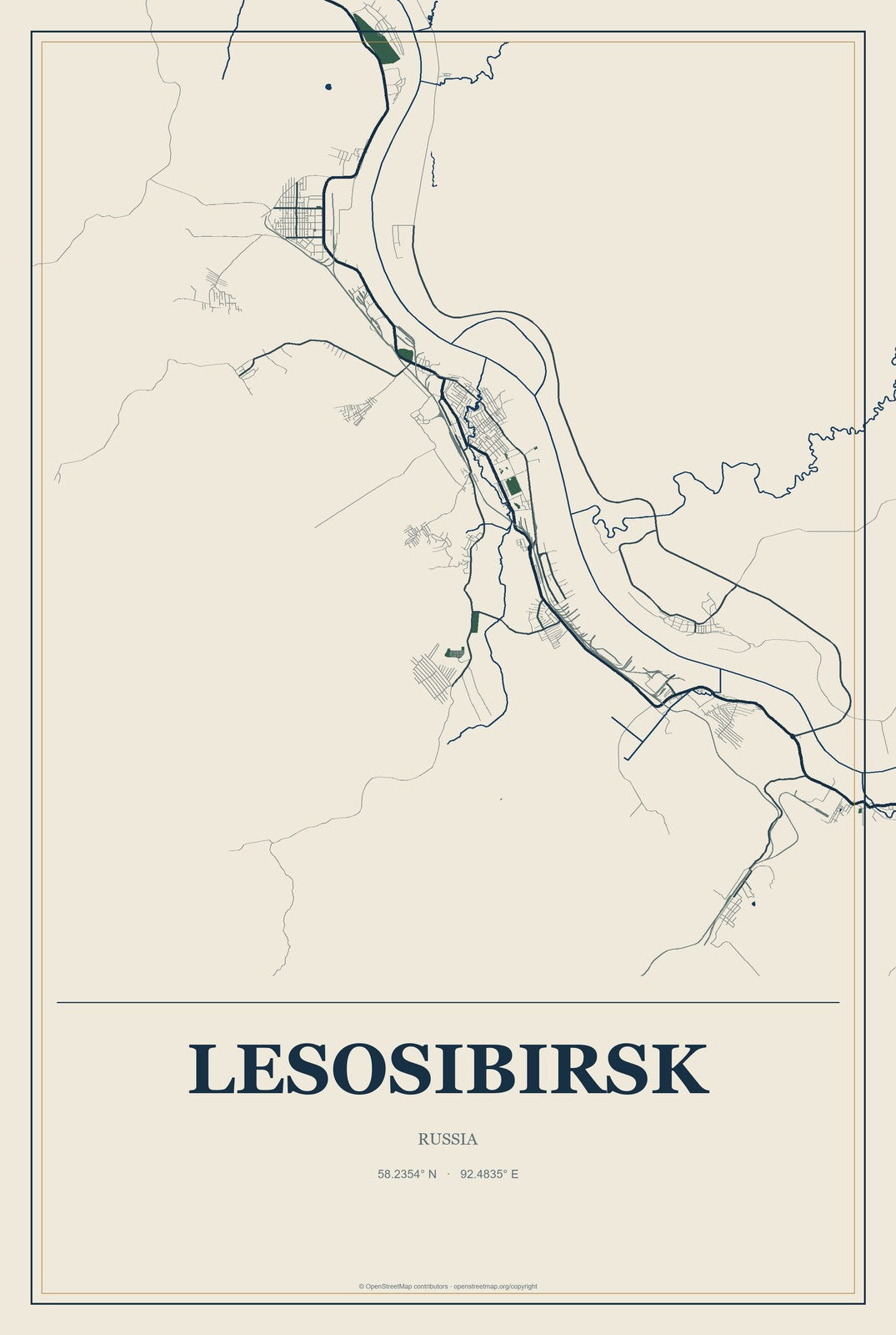 Lesosibirsk, Russia City Map Aluminum Sign in Coastal Cutout style