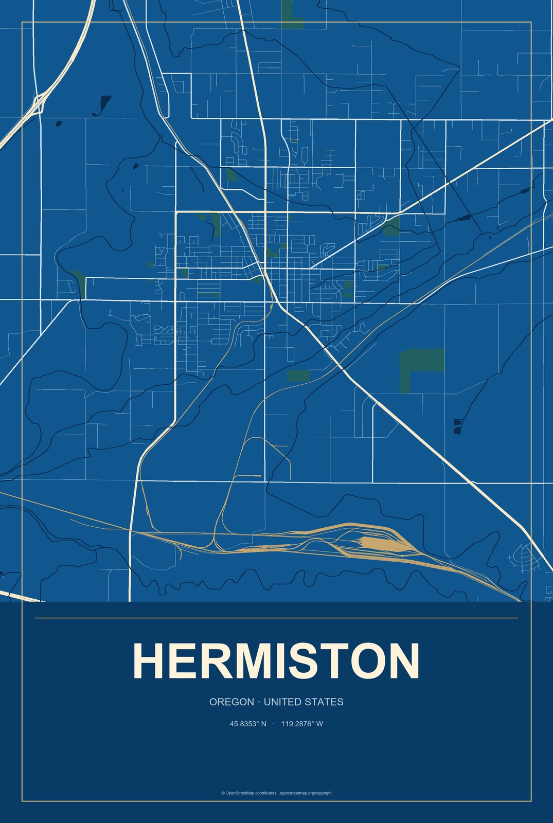 Hermiston, Oregon City Map Aluminum Sign in Harbor Cobalt style