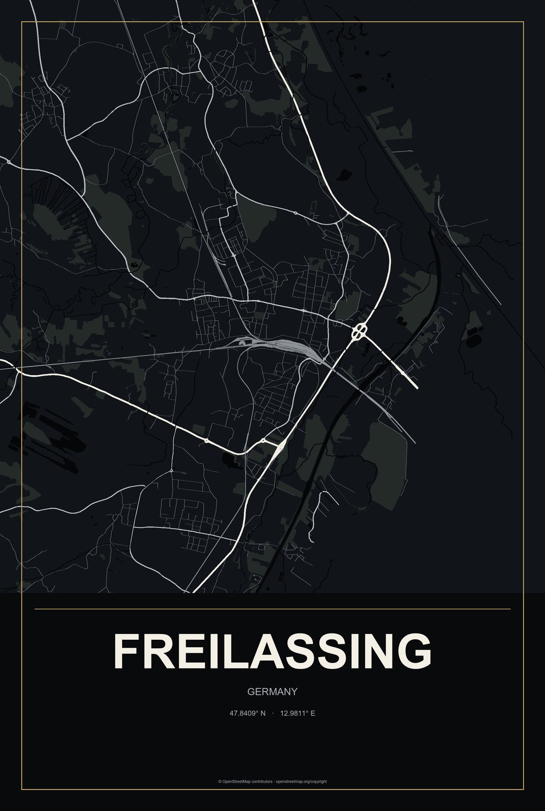 Freilassing, Germany City Map Aluminum Sign in Metropolitan Noir style