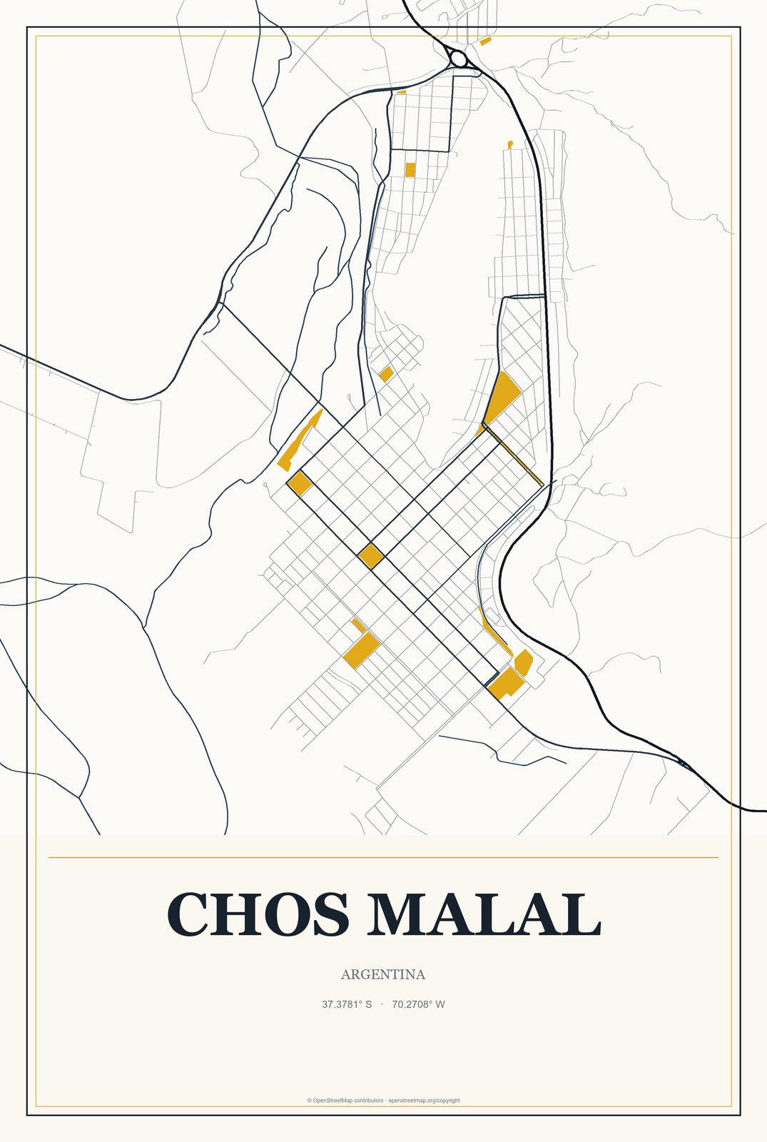 Chos Malal, Argentina City Map Aluminum Sign in Citrine Modern style