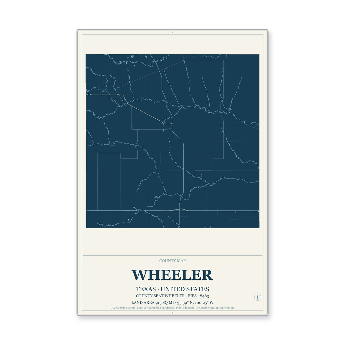 Wheeler County, Texas Map Aluminum Sign in Coastal Cutout style