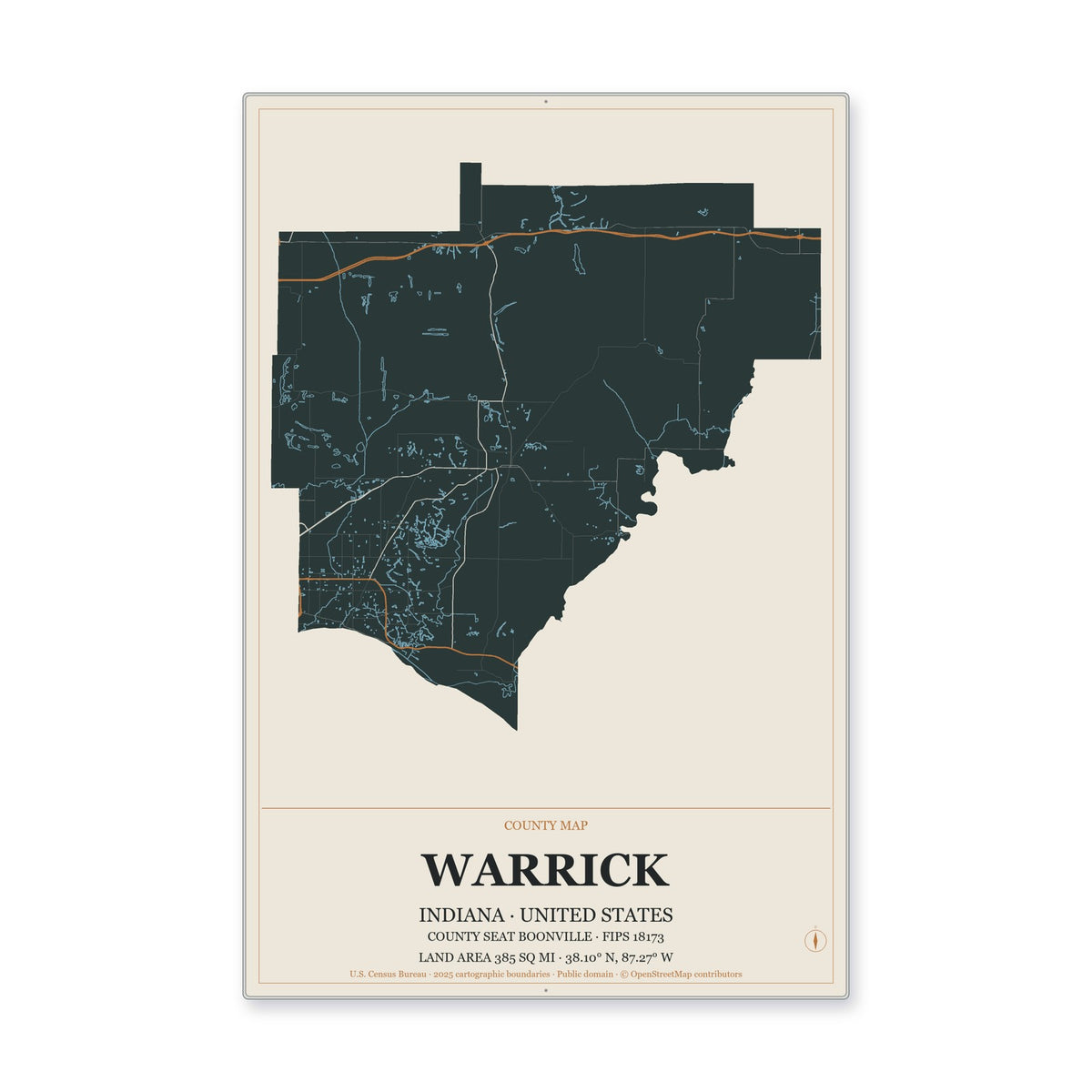 Warrick County, Indiana Map Aluminum Sign in Headline Atlas style