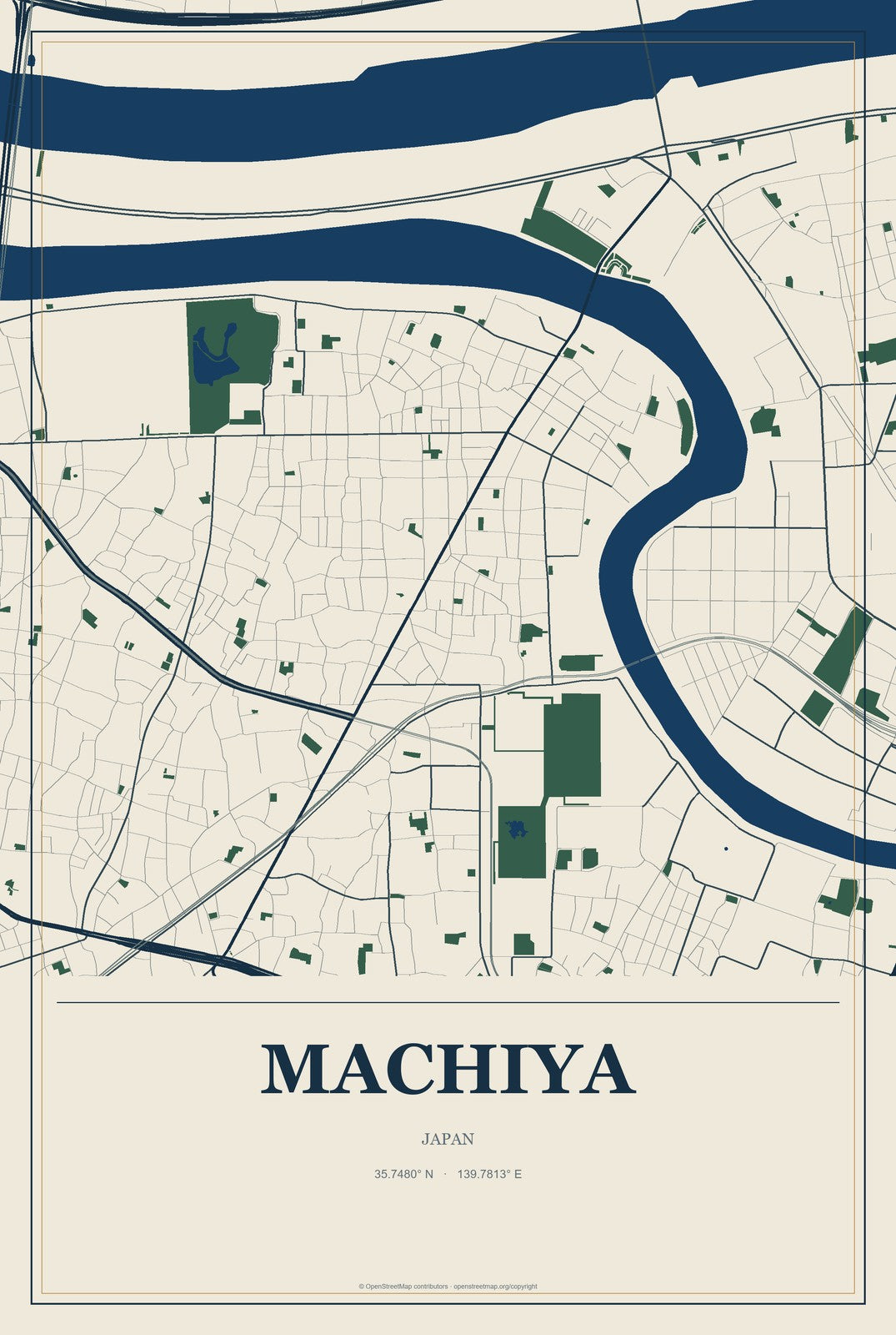 Machiya, Japan City Map Aluminum Sign in Coastal Cutout style