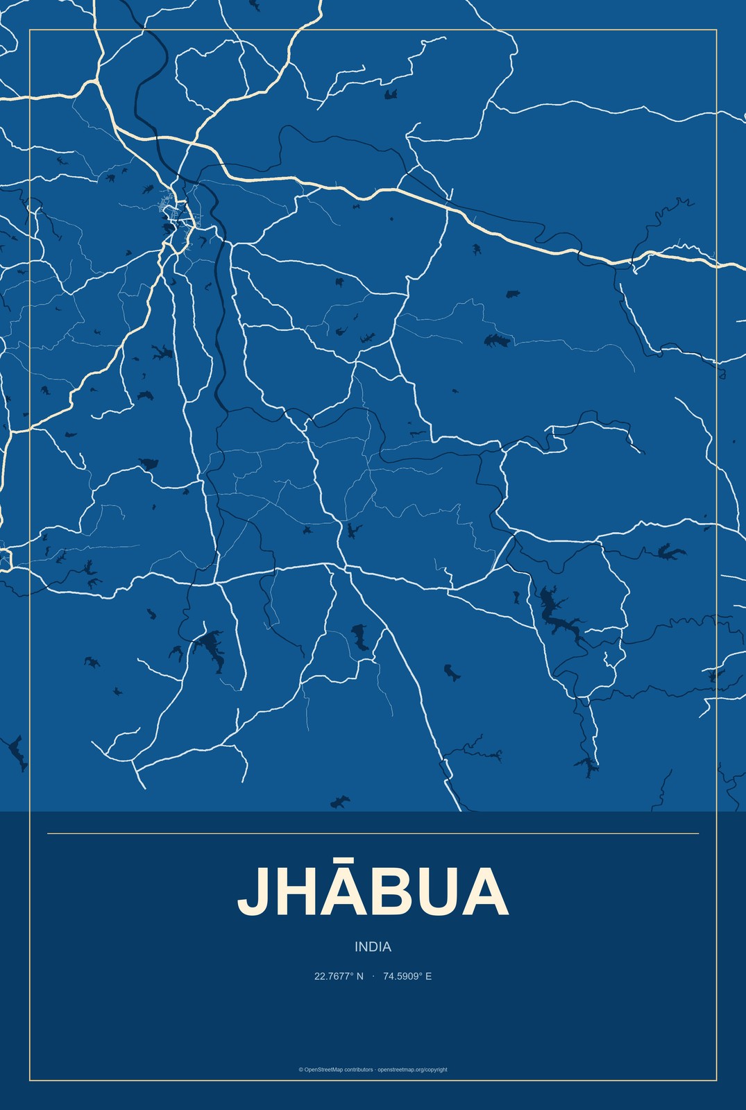 Jhābua, India City Map Aluminum Sign in Harbor Cobalt style