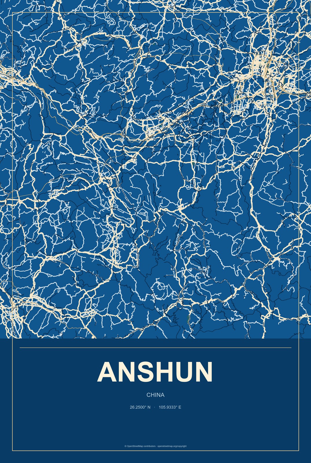 Anshun, China City Map Aluminum Sign in Harbor Cobalt style