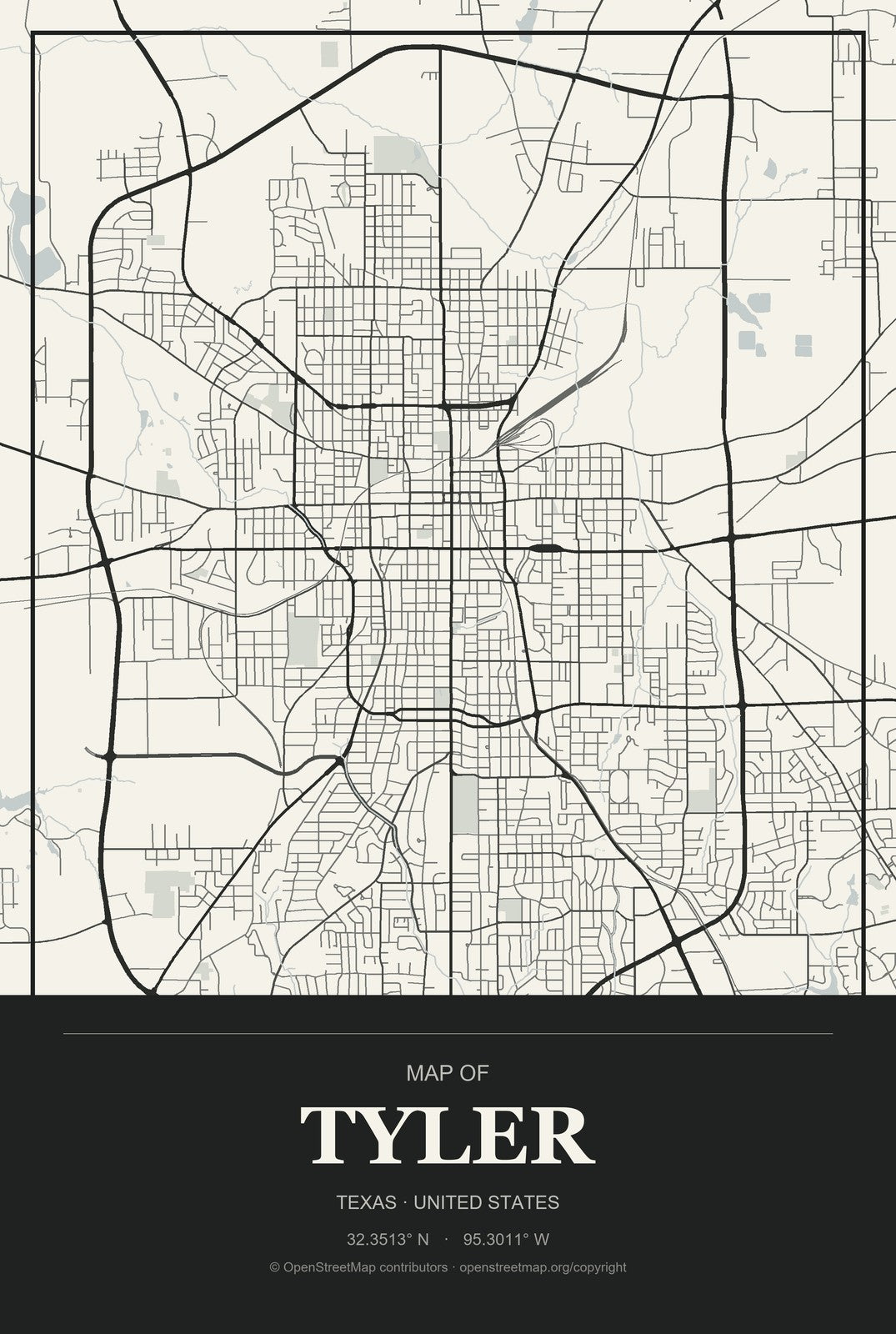 Tyler, Texas City Map Aluminum Sign in Museum Plaque style