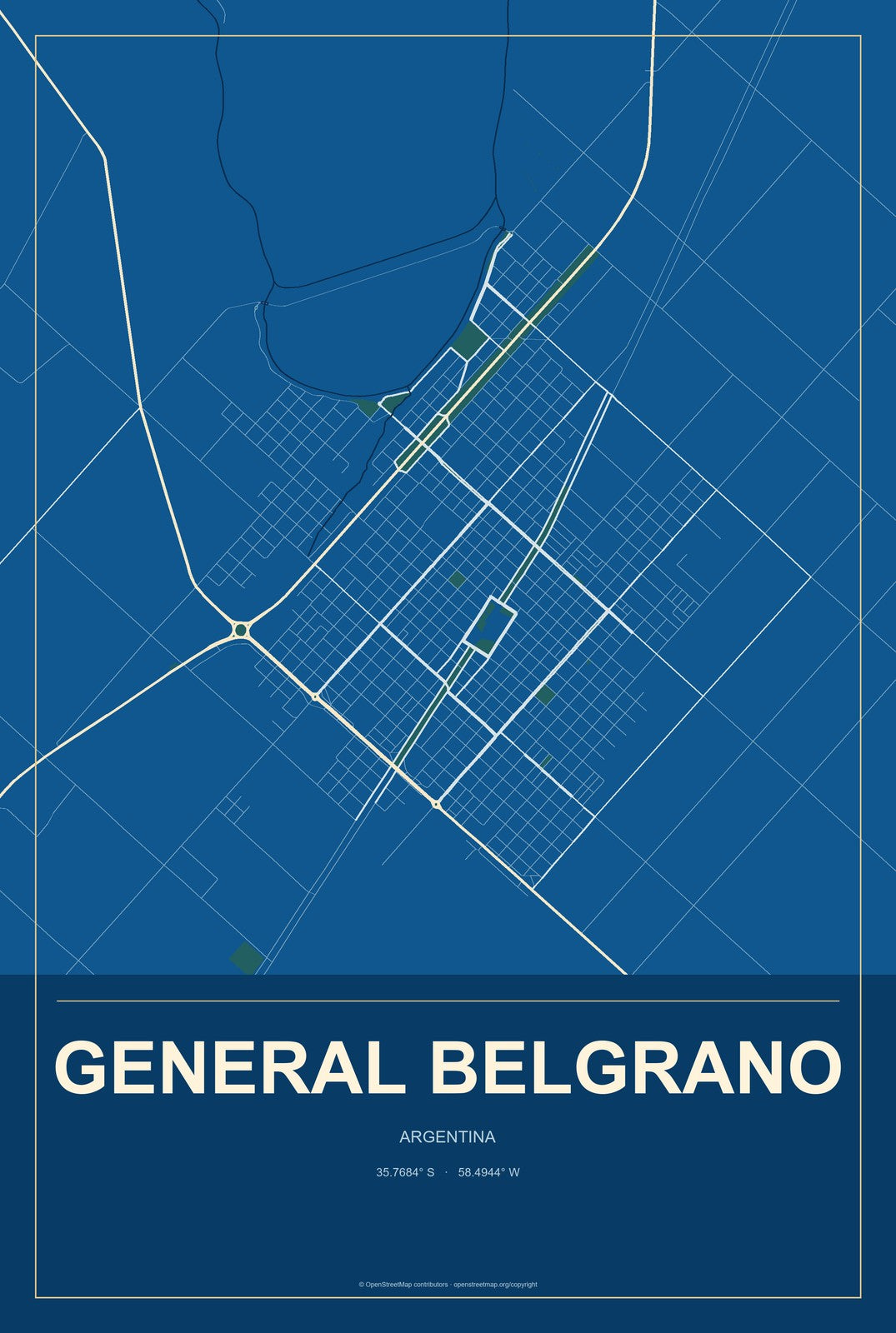 General Belgrano, Argentina City Map Aluminum Sign in Harbor Cobalt style