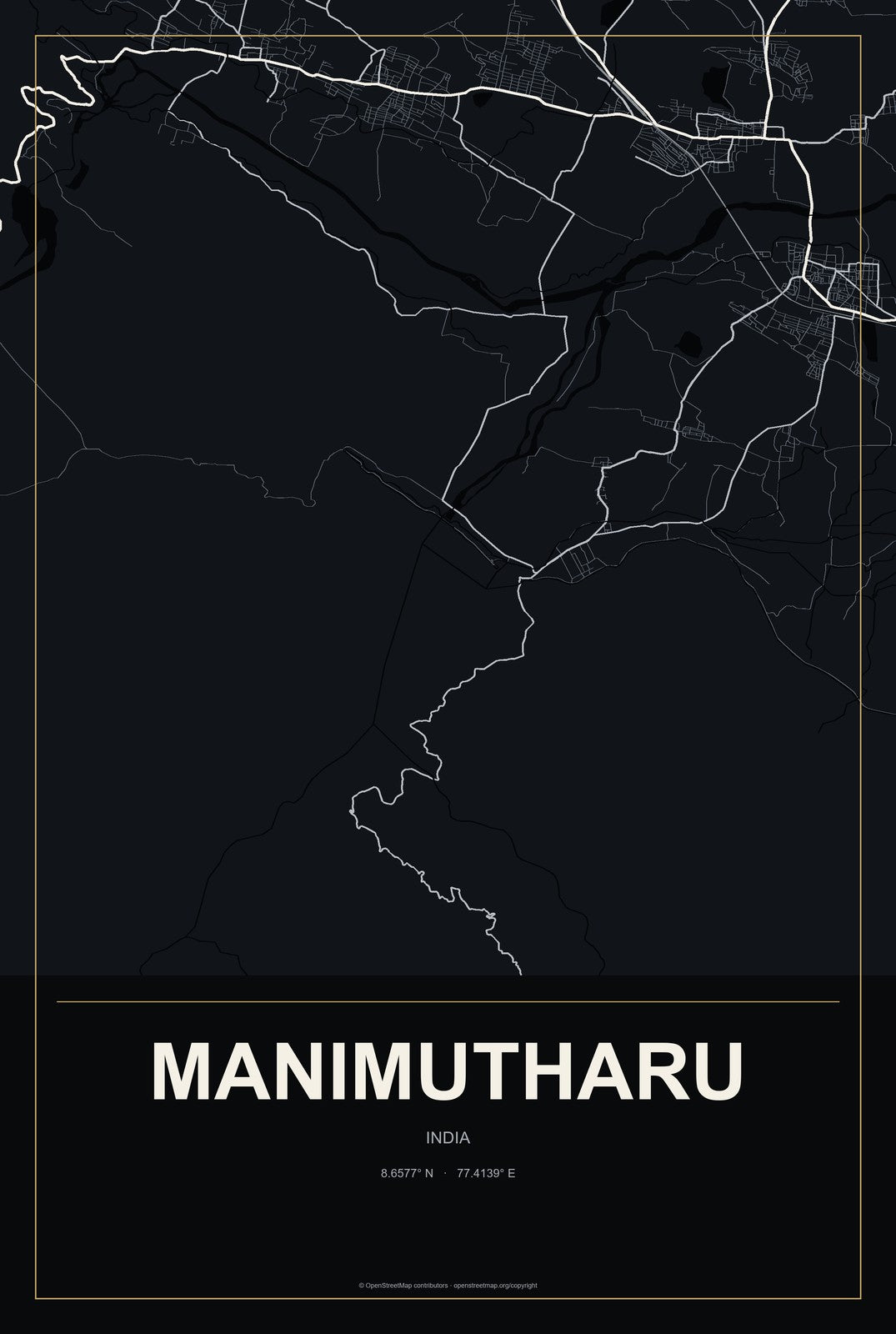 Manimutharu, India City Map Aluminum Sign in Metropolitan Noir style