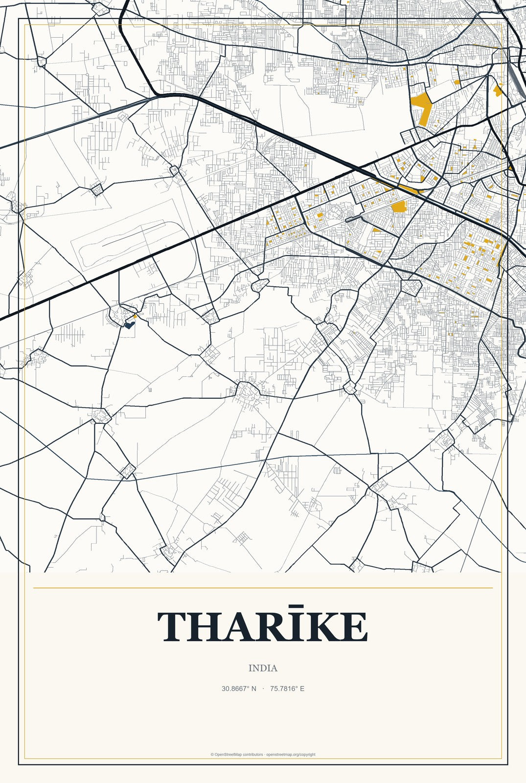 Tharīke, India City Map Aluminum Sign in Citrine Modern style