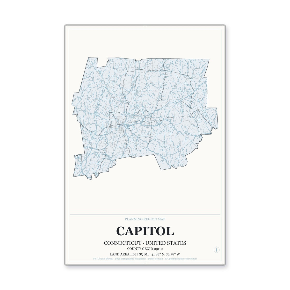 Capitol Planning Region, Connecticut Map Aluminum Sign in Gallery Air style