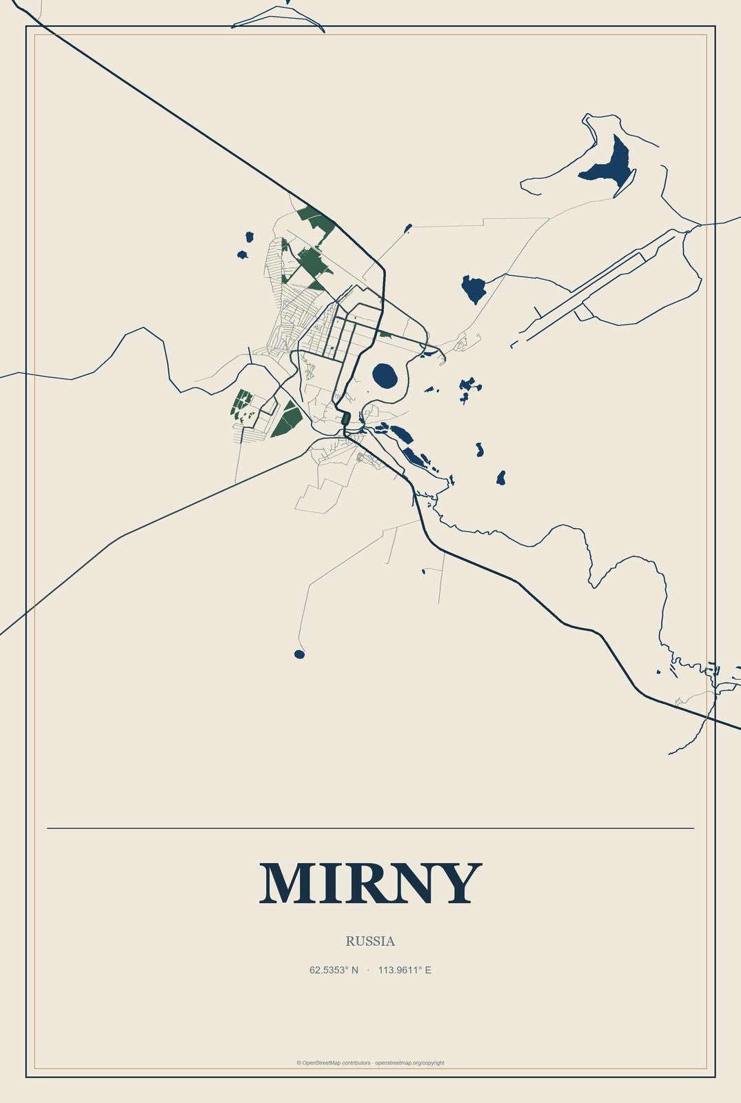 Mirny, Russia City Map Aluminum Sign in Coastal Cutout style