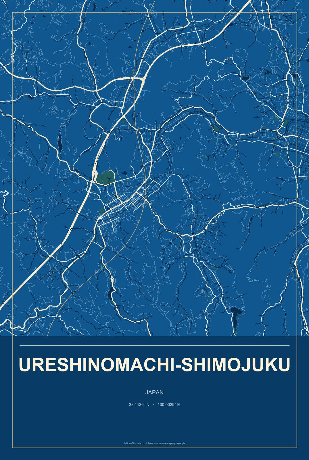 Ureshinomachi-shimojuku, Japan City Map Aluminum Sign in Harbor Cobalt style