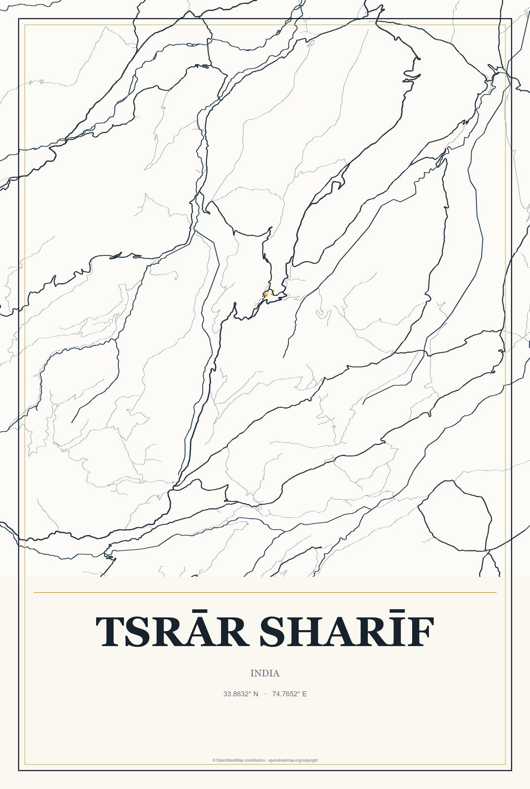Tsrār Sharīf, India City Map Aluminum Sign in Citrine Modern style