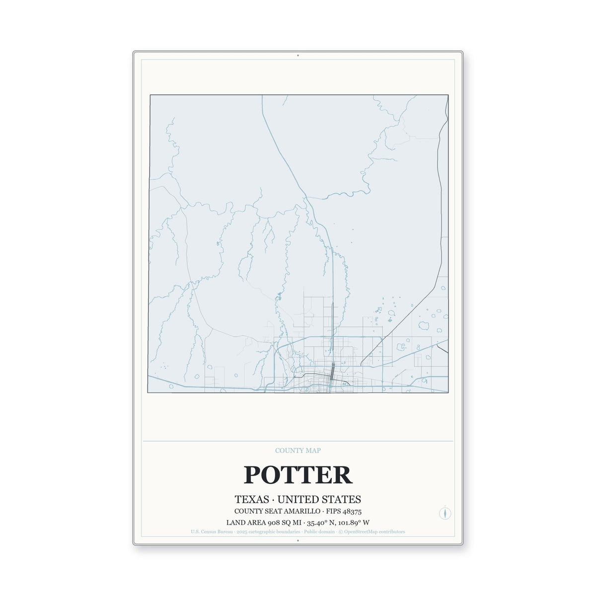 Potter County, Texas Map Aluminum Sign in Gallery Air style