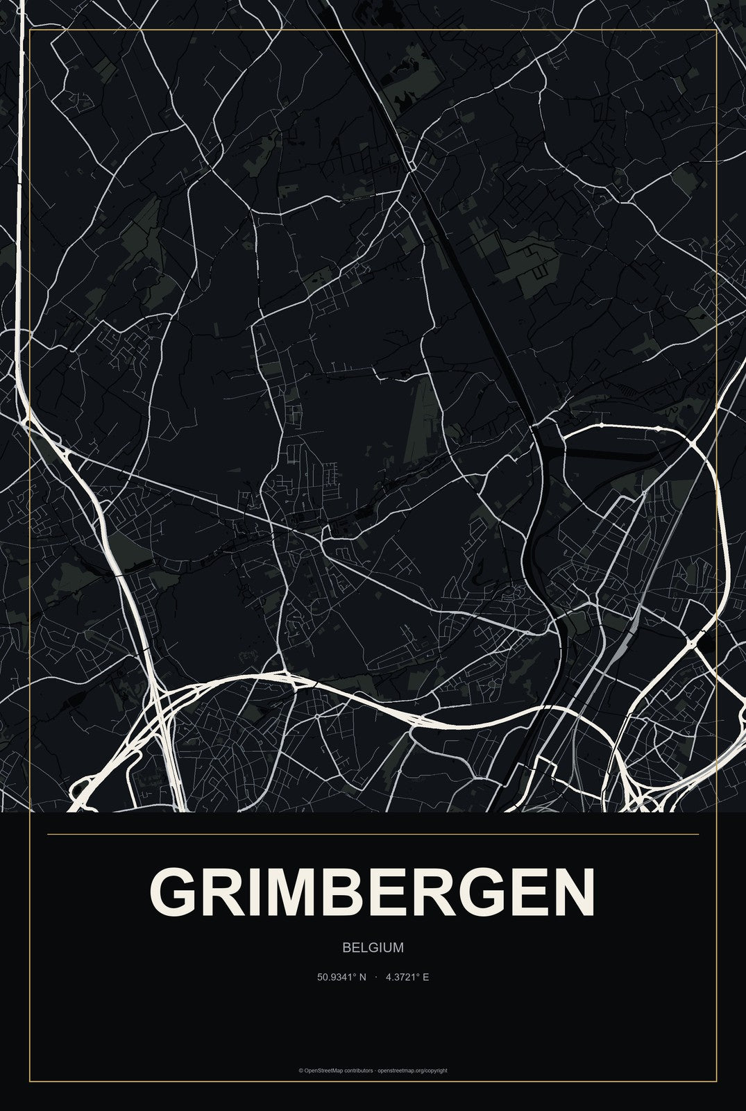 Grimbergen, Belgium City Map Aluminum Sign in Metropolitan Noir style