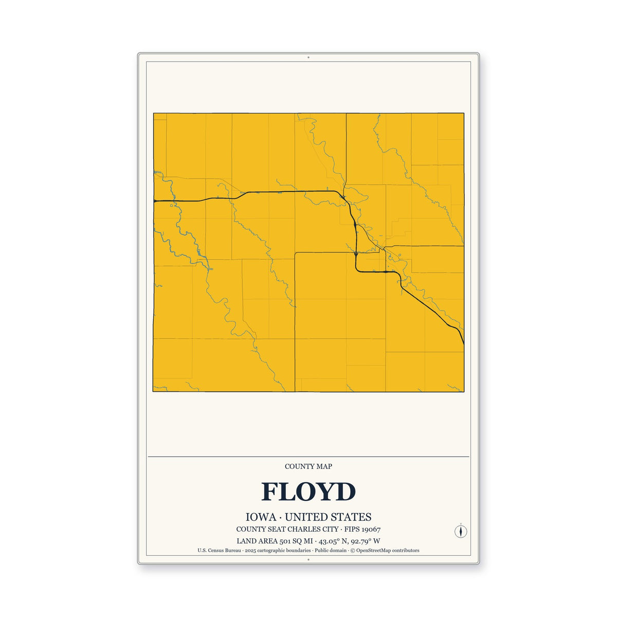 Floyd County, Iowa Map Aluminum Sign in Citrine Modern style