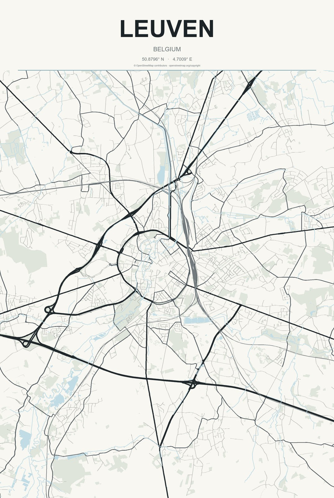 Leuven, Belgium City Map Aluminum Sign in Headline Atlas style